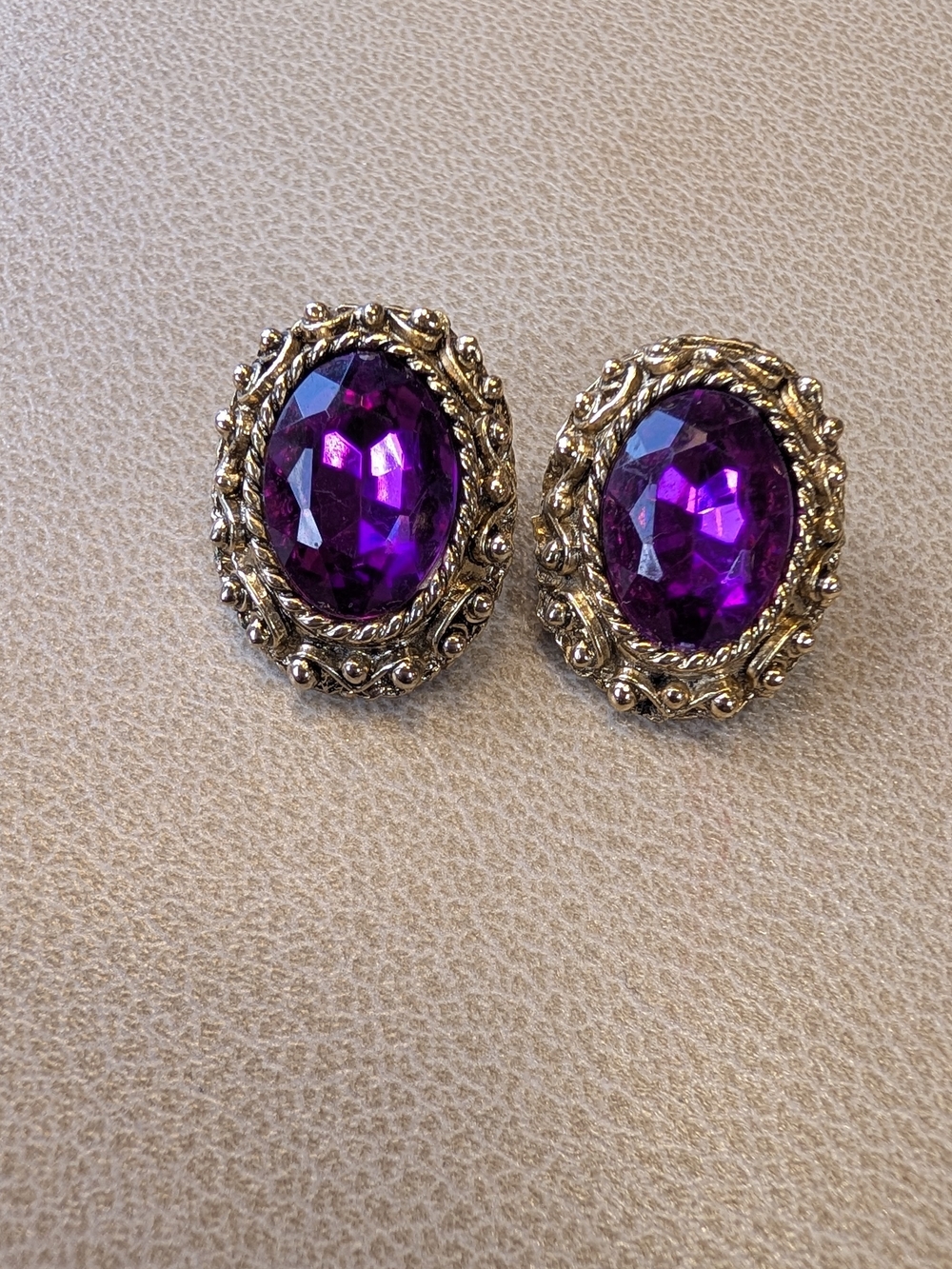 Gold-Tone Purple Crystal Oval Earrings